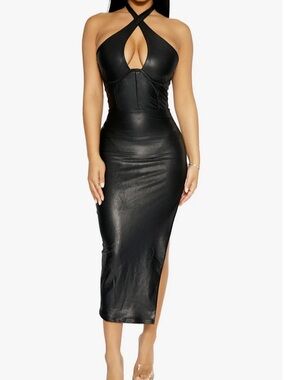 NAKED  WARDROBE Black Faux Leather Halter Cutout Midi Dress Size Small